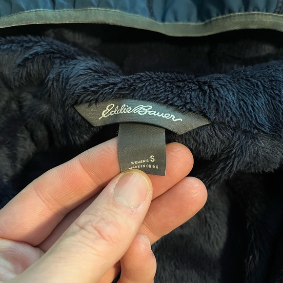 Eddie Bauer Navy fleece lined softshell Hooded Jacket small E17 - Picture 4 of 5